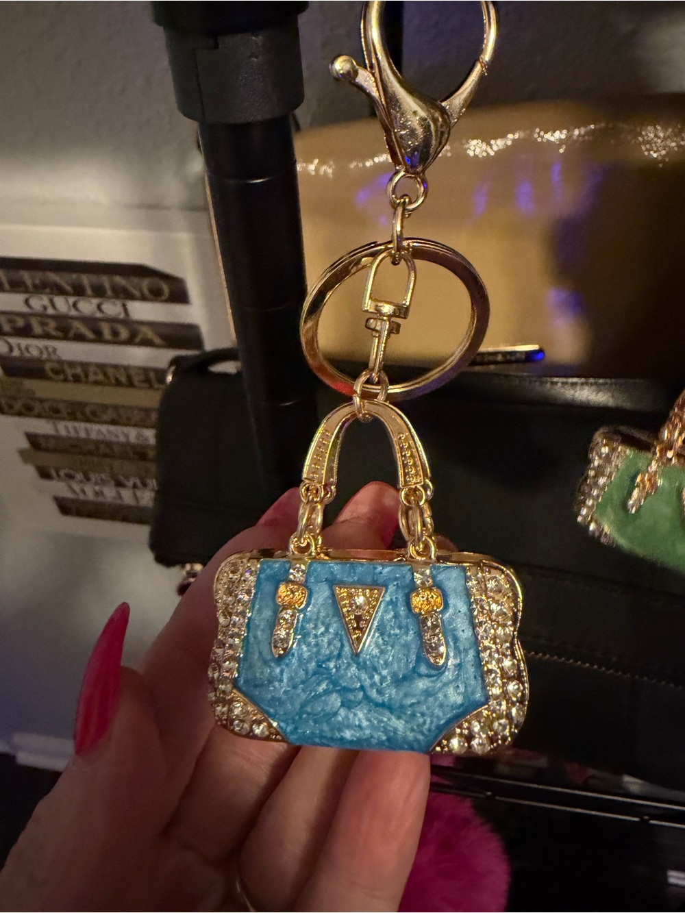 Gold-Tone Blue Mini Purse Keychain with Crystal Accents